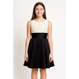 Jayne Copeland Black Satin Party Dress w/ Ivory Rosette Top Girls Size 14